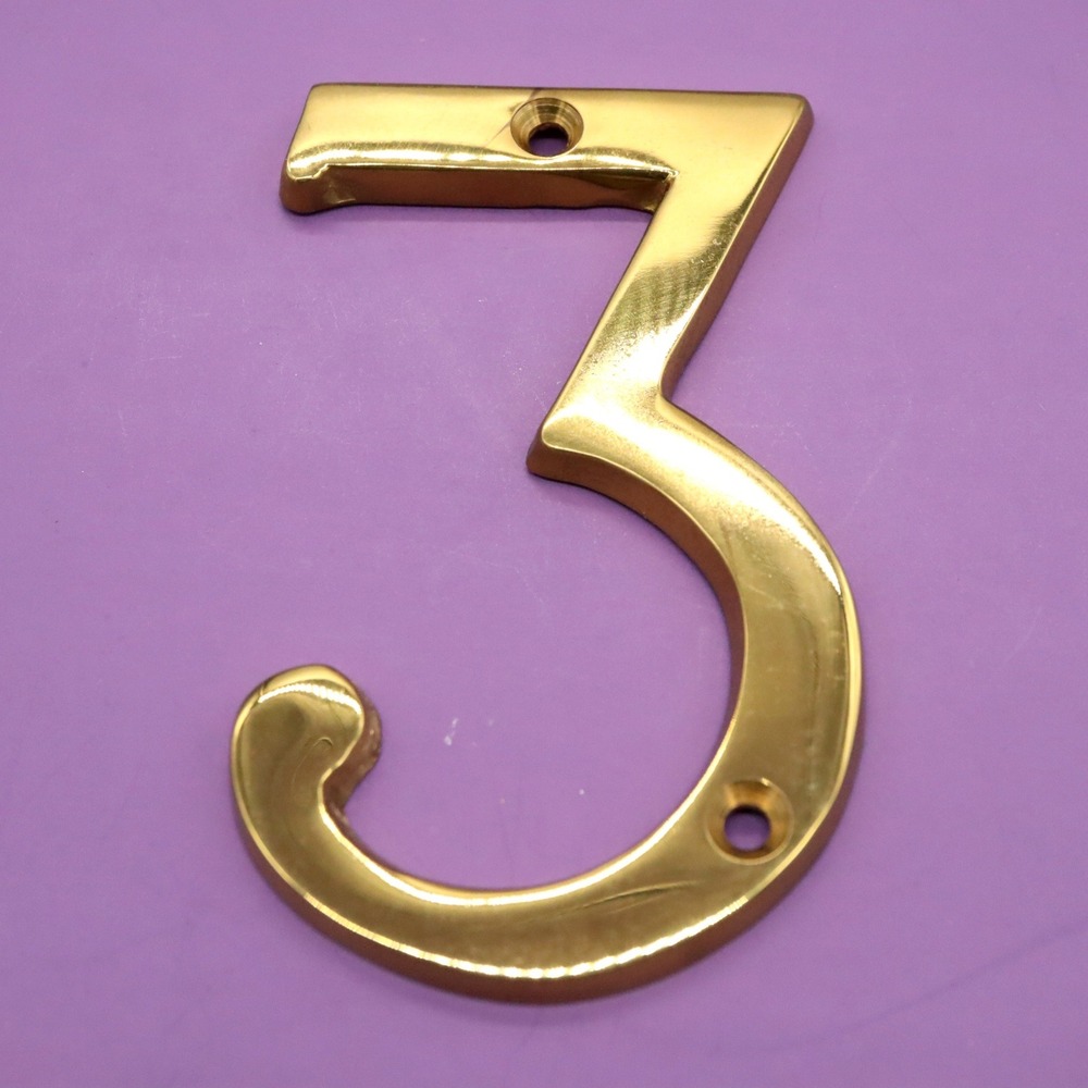Number 3 Three Polished Brass 4" House Number w/Hardware Wall Mount Post Address